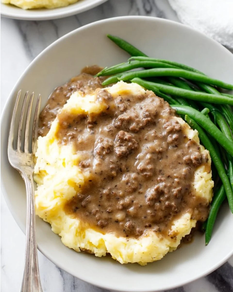 Delicious hamburger gravy served over mashed potatoes, perfect comfort food.