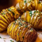 Deliciously baked Hasselback Potatoes with crispy edges and flavorful seasoning.
