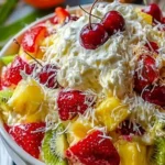 Delicious Hawaiian Cheesecake Salad with tropical fruit and creamy texture