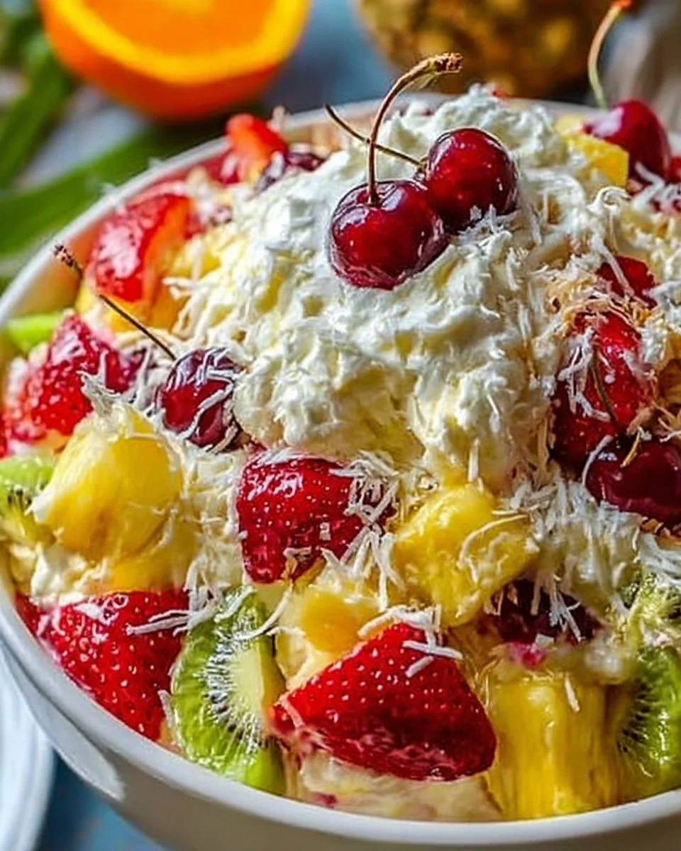 Delicious Hawaiian Cheesecake Salad with tropical fruit and creamy texture