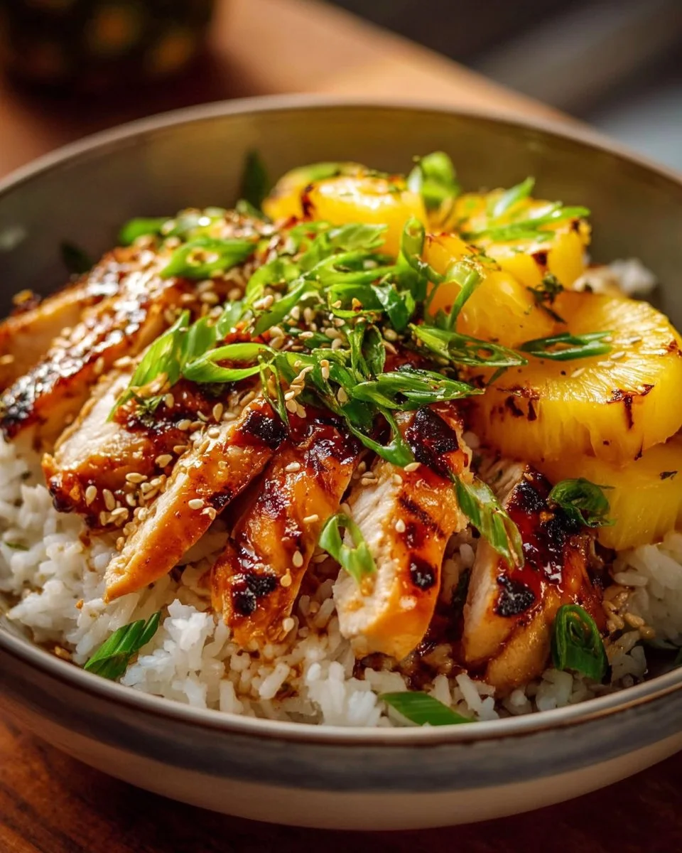 A plate of Hawaiian Chicken served with coconut rice garnished with tropical fruits.