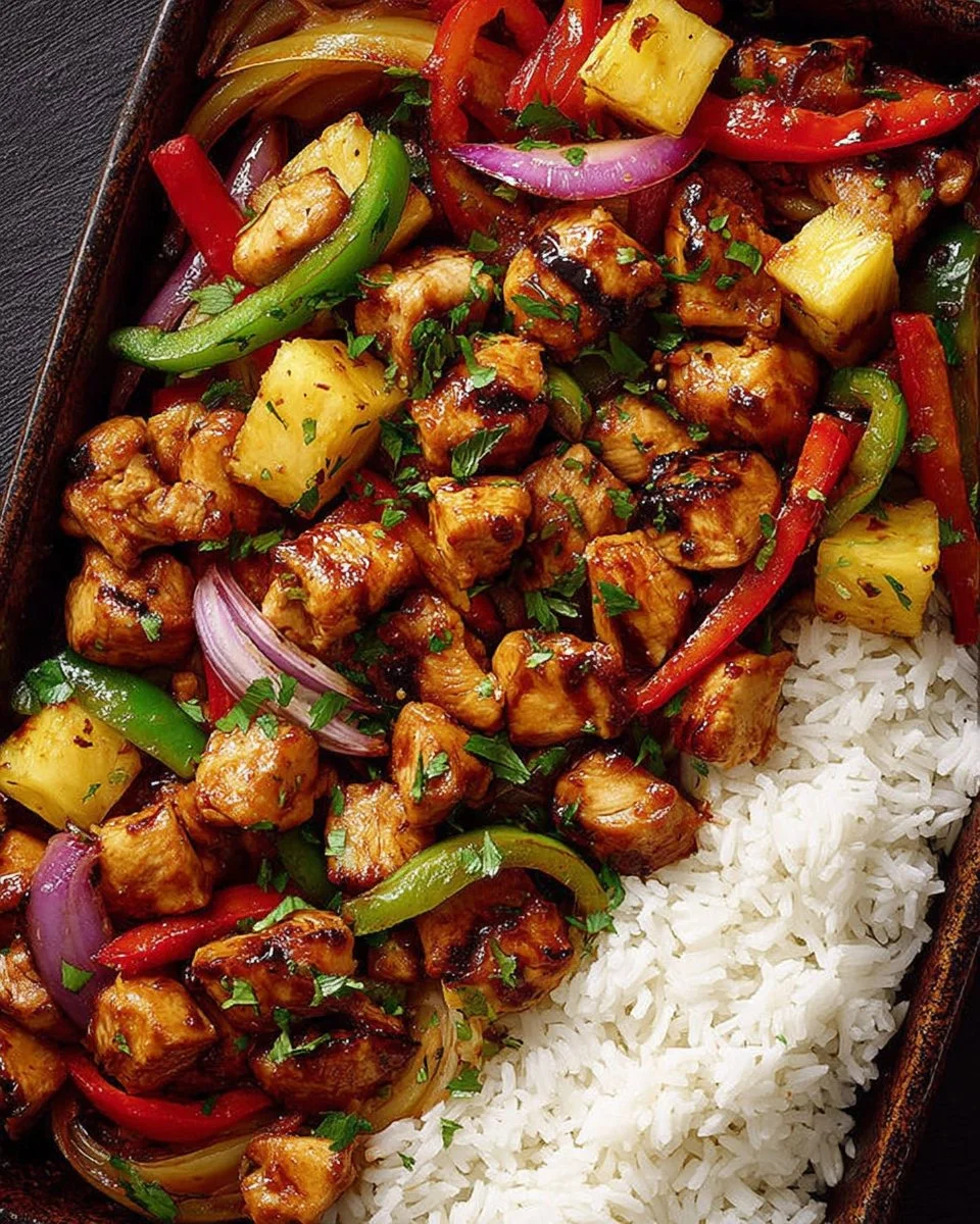 Hawaiian Chicken Sheet Pan with vibrant veggies and savory sauce
