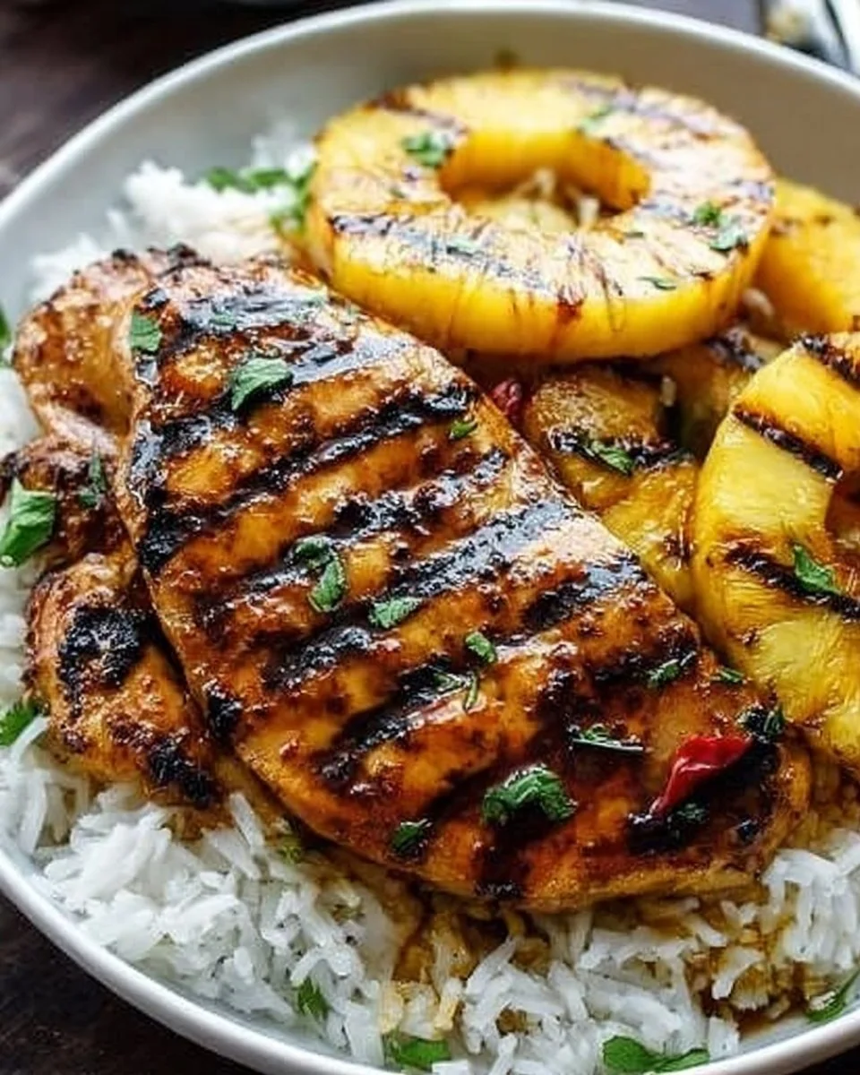 Hawaiian Chicken served with pineapple and coconut rice on a plate