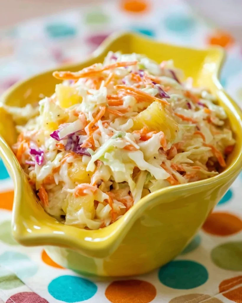 Hawaiian Pineapple Coleslaw served in a bowl with fresh ingredients.