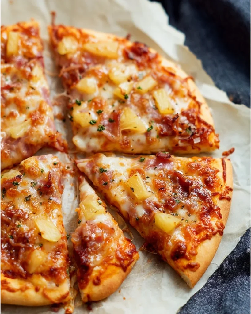 A delicious Hawaiian Pizza topped with ham and pineapple slices.