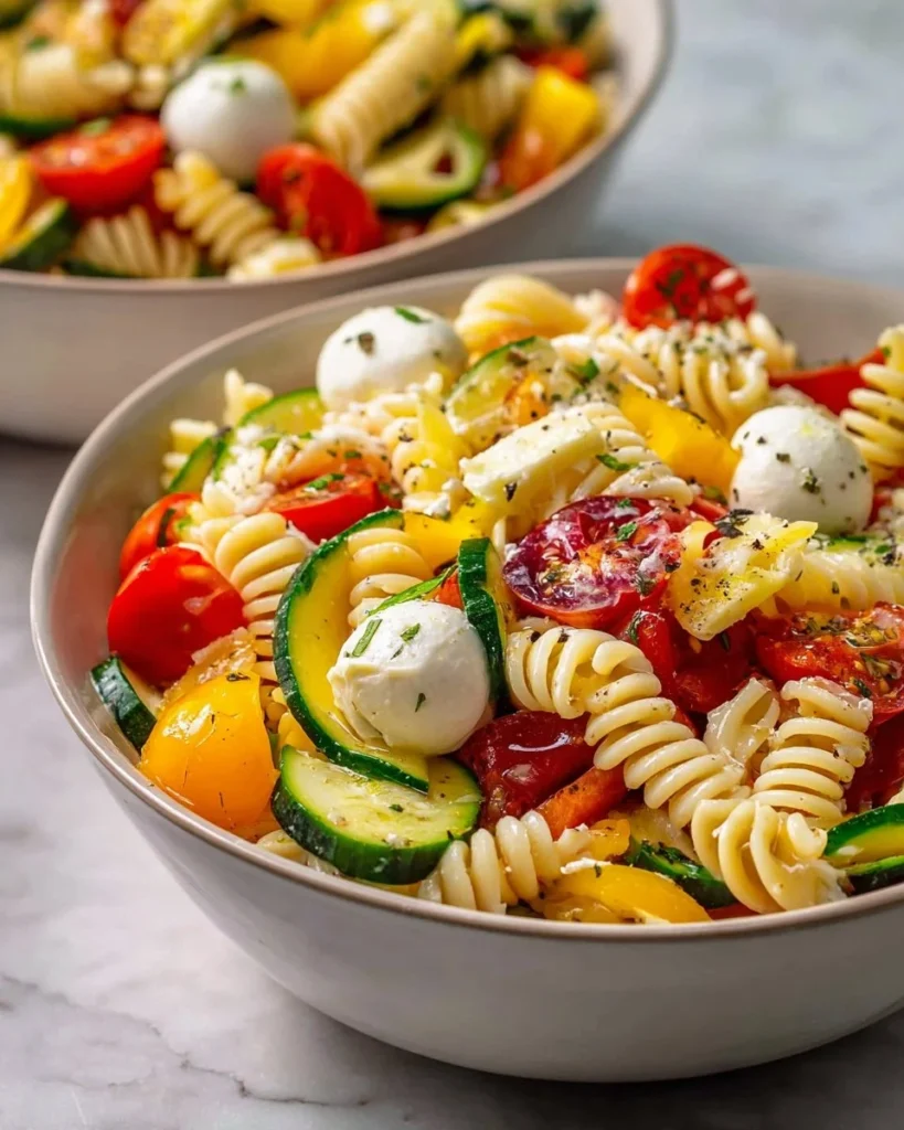 Healthy cold pasta salad with fresh vegetables and herbs in a bowl