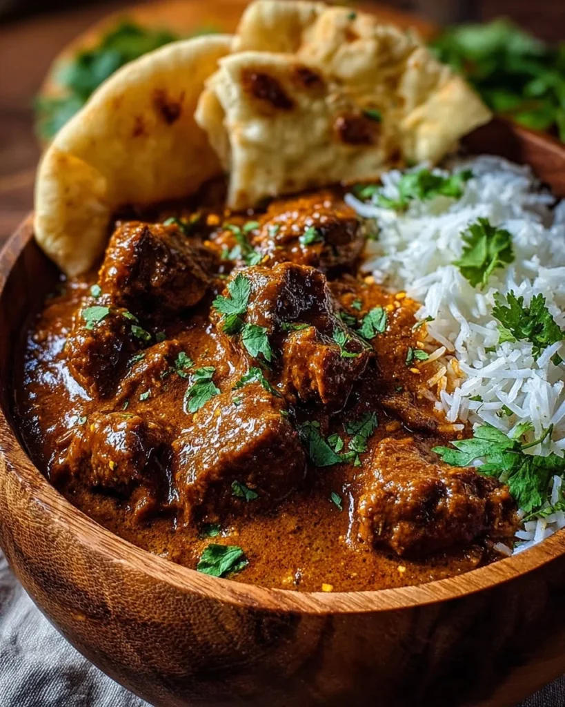 Bowl of hearty slow cooker Indian beef curry with herbs and spices
