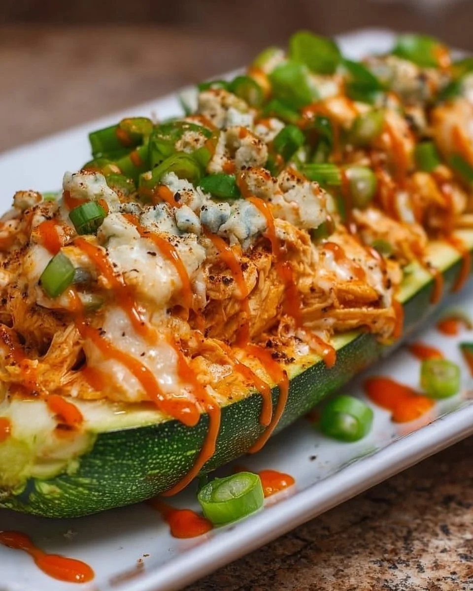 High protein buffalo chicken stuffed zucchini boats plated and ready to eat