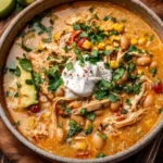 Bowl of high protein white chicken chili garnished with fresh herbs