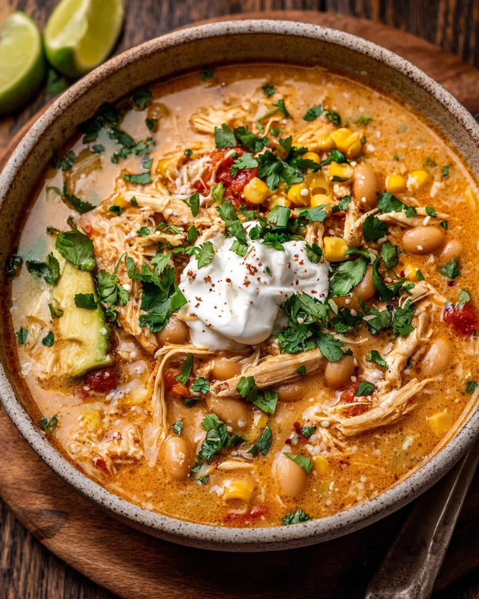 Bowl of high protein white chicken chili garnished with fresh herbs