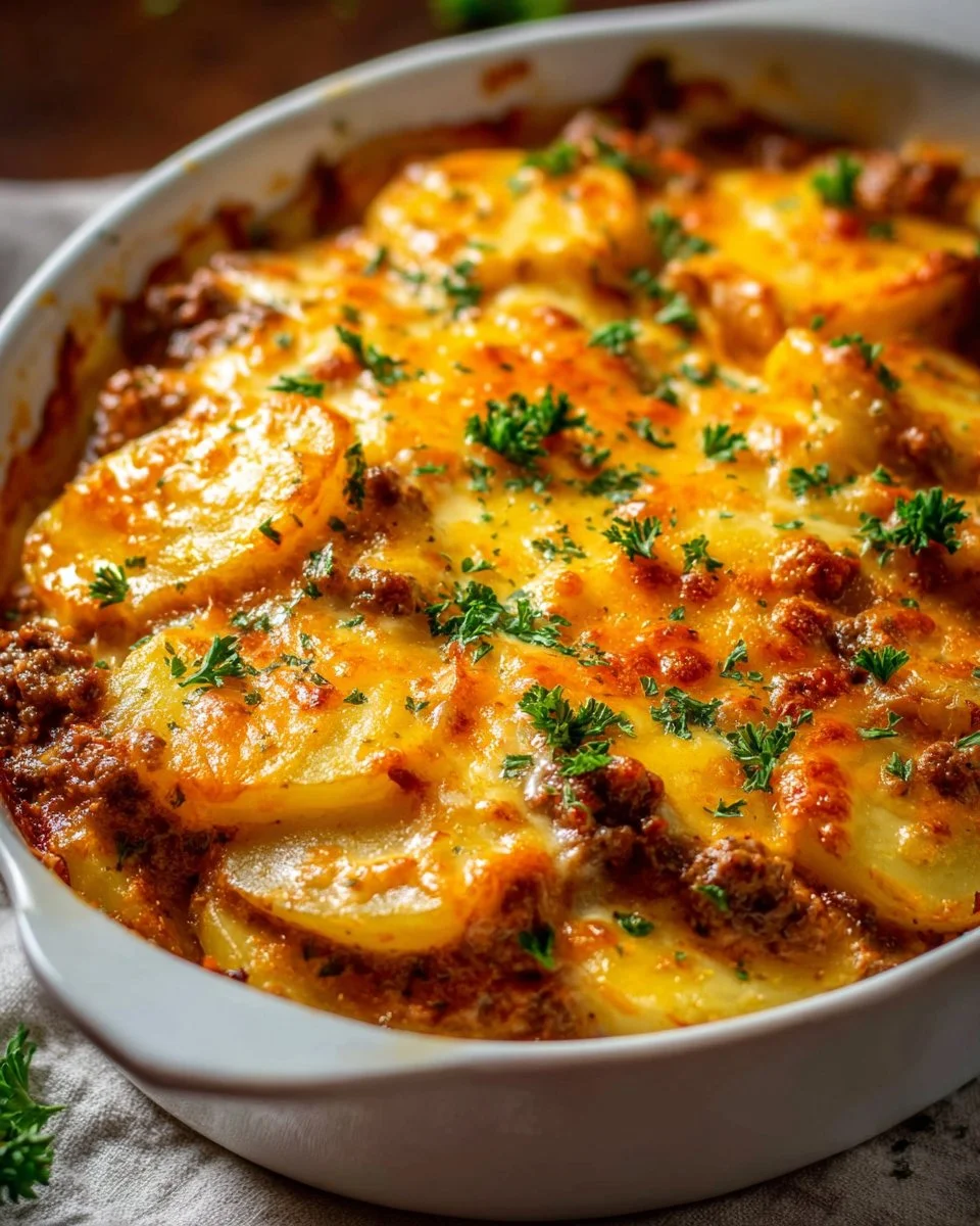 Hobo Casserole made with ground beef and vegetables in a baking dish.