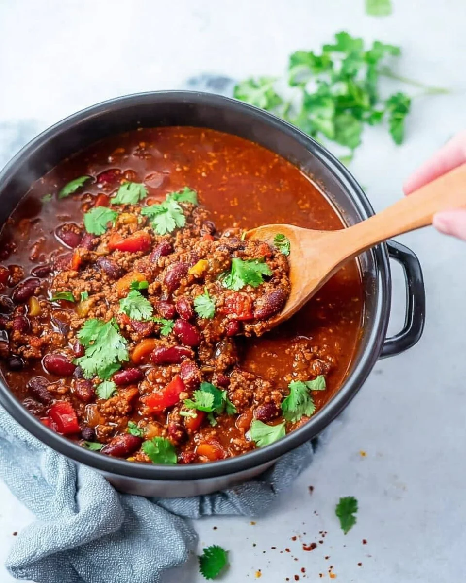 Bowl of homemade beef chili served with garnishes and bread