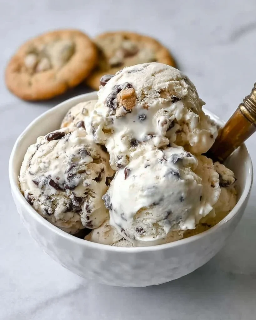 A bowl of homemade chocolate chip cookie dough ice cream with chocolate chunks