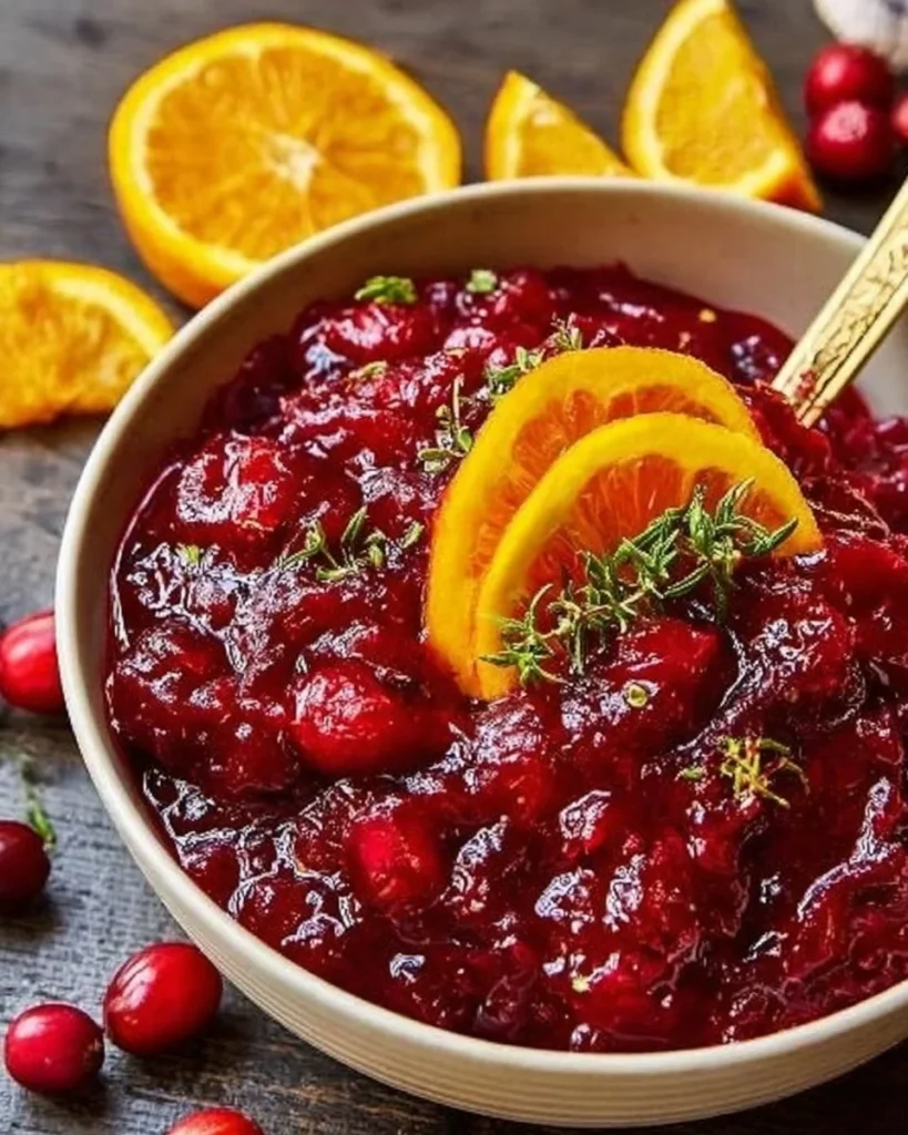 Homemade cranberry orange sauce served in a bowl with garnishes.