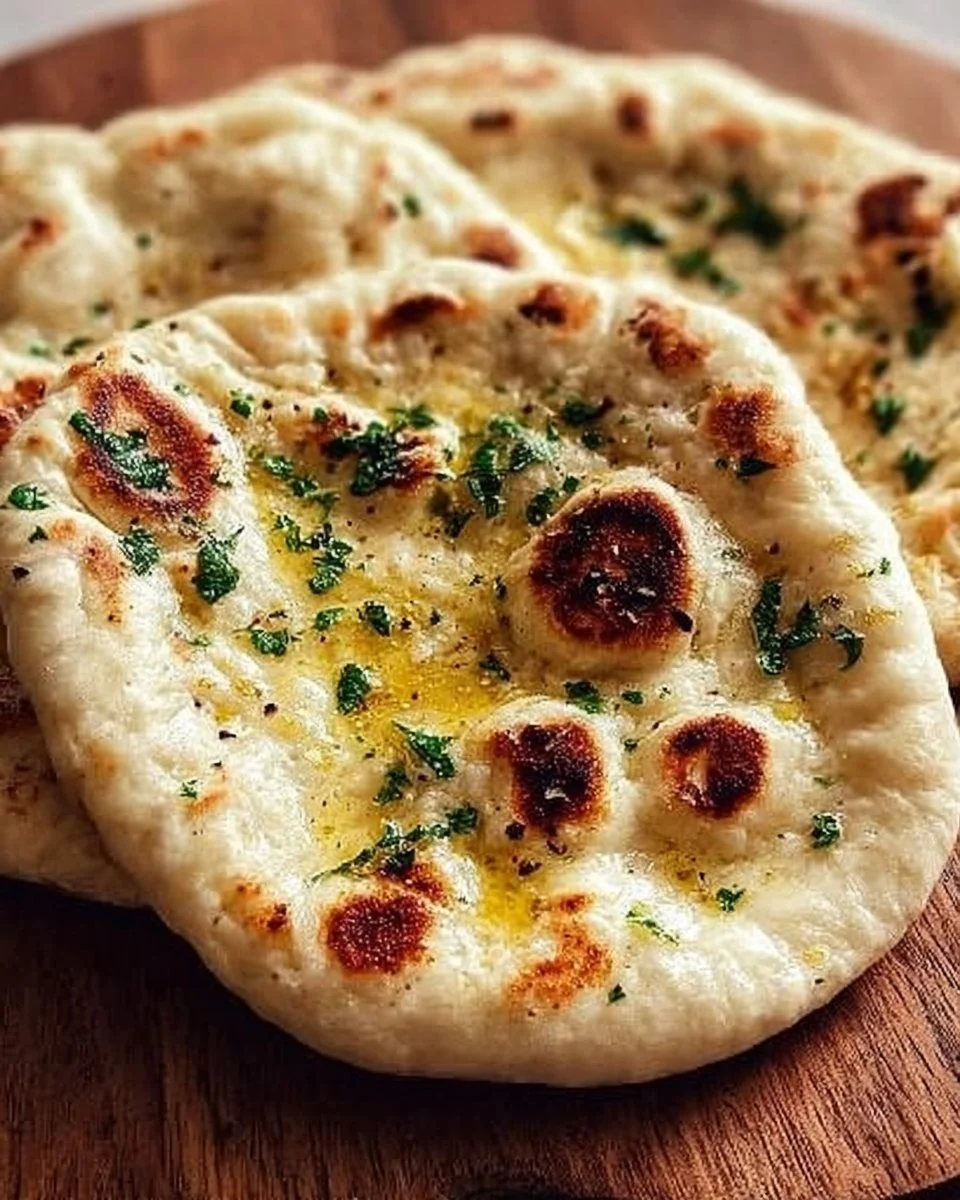 Freshly made homemade naan with garlic and herbs on a wooden table.
