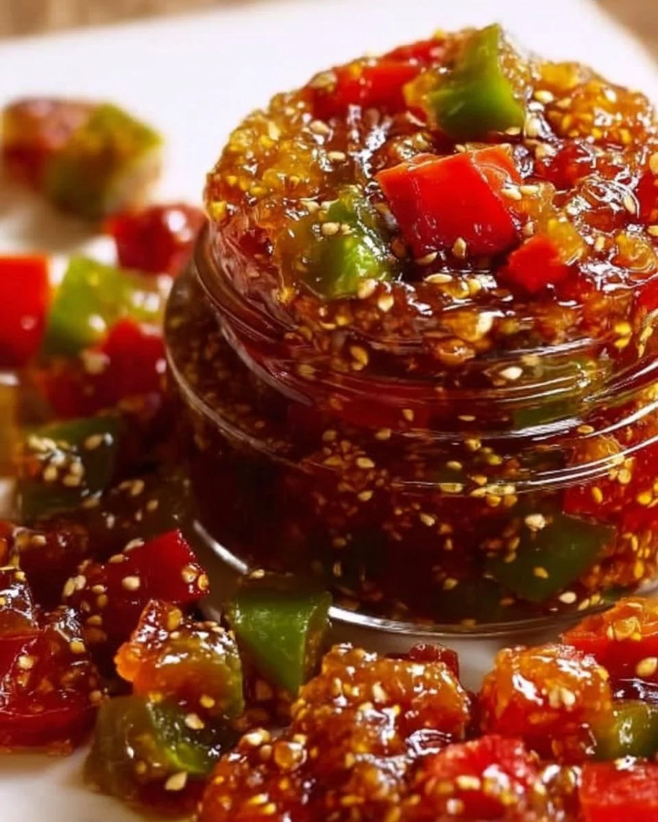 A jar of homemade pepper jam with fresh peppers and spices.