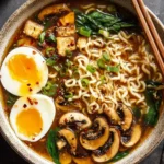 Bowl of homemade ramen with fresh vegetables and broth