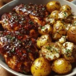 Delicious Honey BBQ Chicken served with roasted potatoes.
