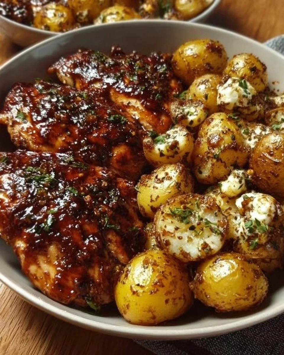 Delicious Honey BBQ Chicken served with roasted potatoes.