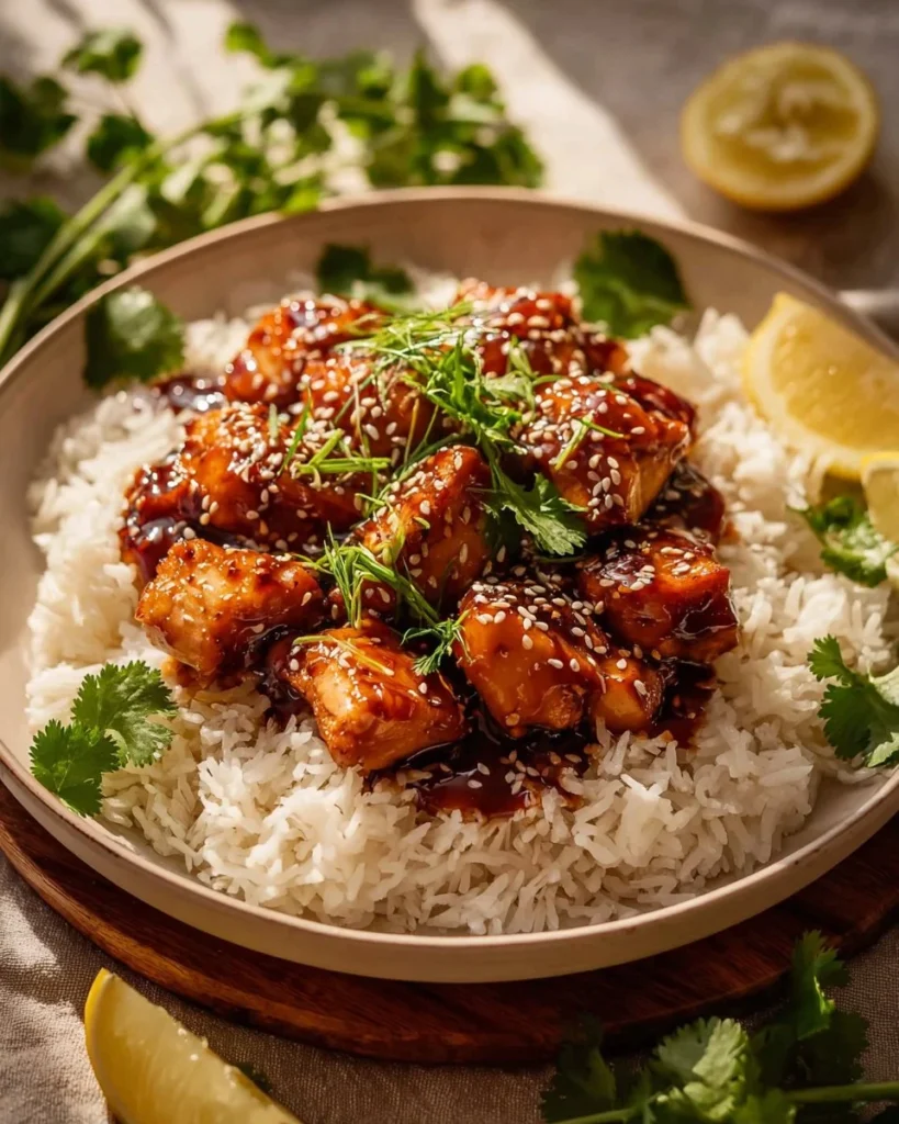 Delicious Honey BBQ Chicken served on a bed of fluffy rice.
