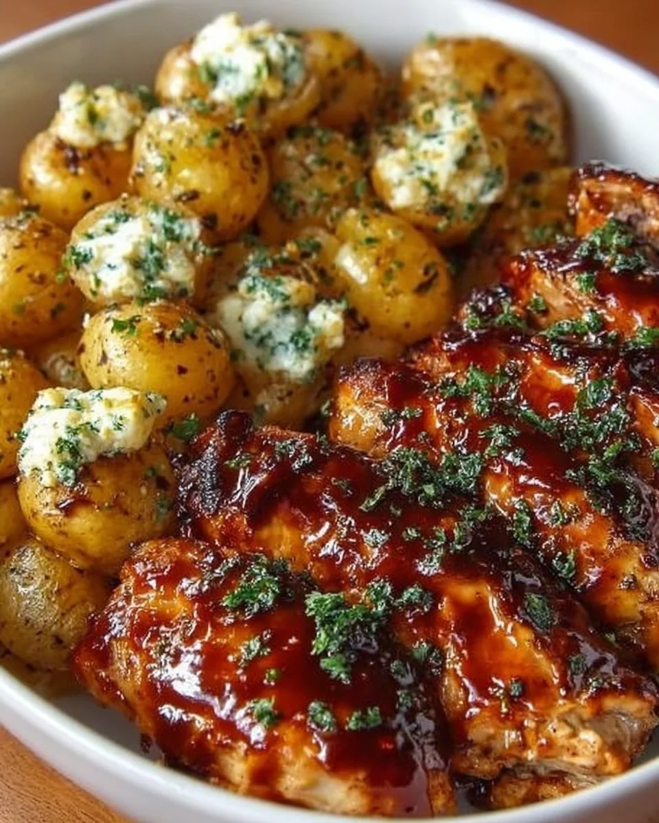 Honey BBQ Chicken served with crispy Garlic Parmesan Potatoes