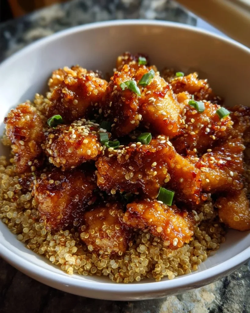 Delicious Honey Garlic Chicken served with quinoa and fresh vegetables.