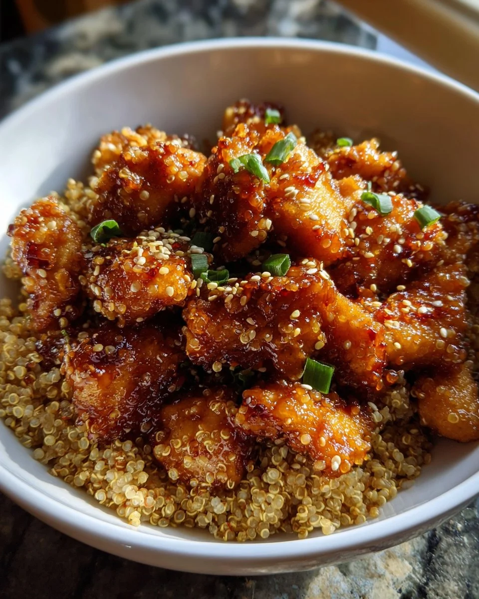 Delicious Honey Garlic Chicken served with quinoa and fresh vegetables.
