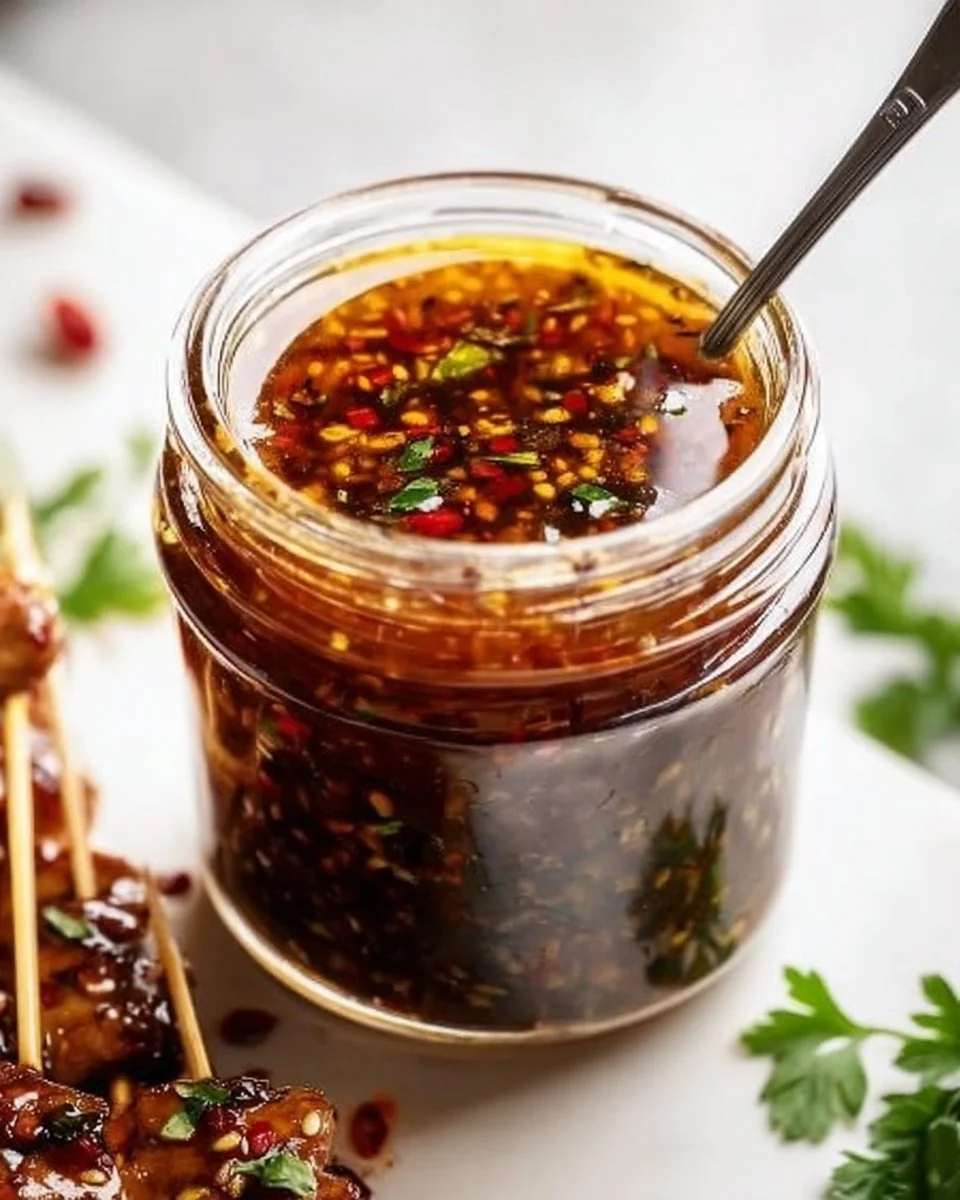 Delicious Honey Garlic Sauce in a small bowl with garlic cloves and honey jar nearby