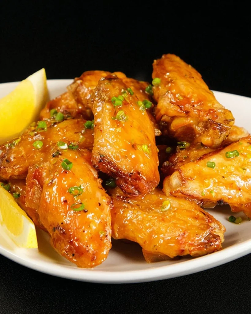 Plate of crispy honey lemon pepper wings garnished with lemon slices