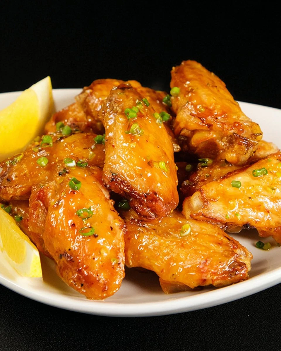 Plate of crispy honey lemon pepper wings garnished with lemon slices