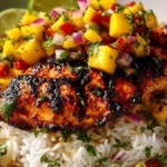 Plate of Honey Lime Chicken topped with fresh Mango Salsa