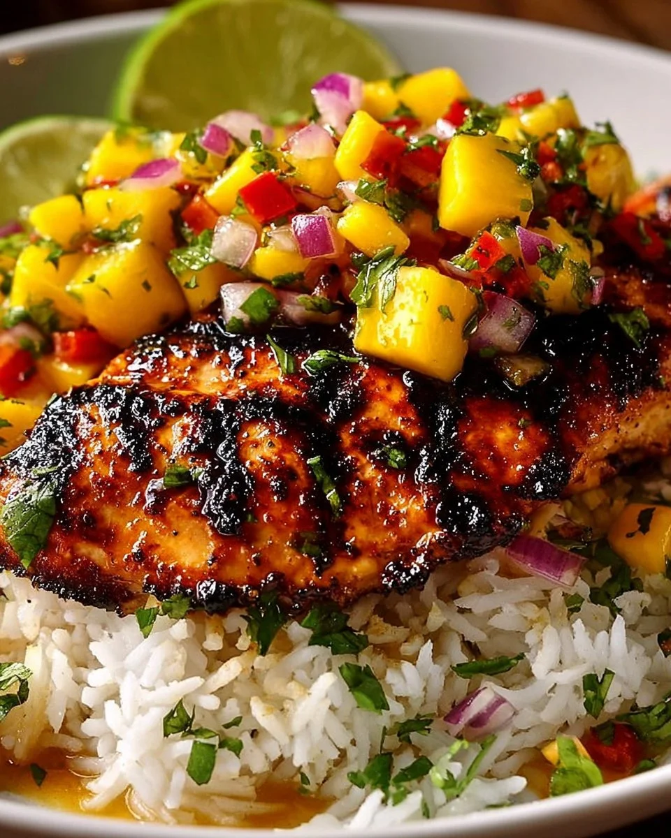 Plate of Honey Lime Chicken topped with fresh Mango Salsa