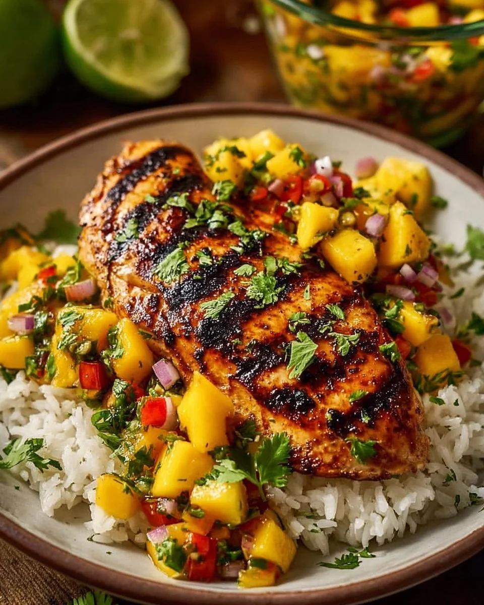 Grilled honey lime chicken garnished with fresh mango salsa