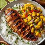 Grilled Honey Lime Chicken served with refreshing Mango Salsa on a plate