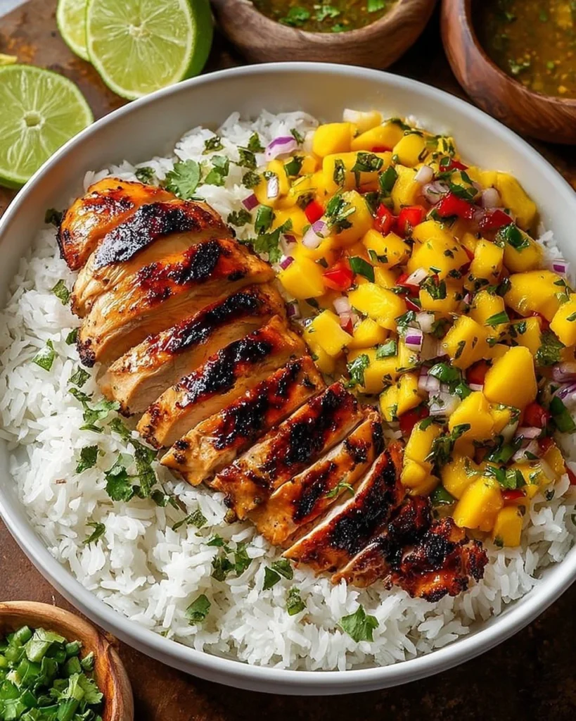 Grilled Honey Lime Chicken served with refreshing Mango Salsa on a plate