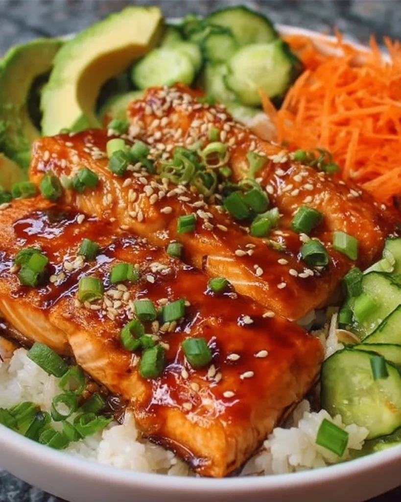 Delicious Honey Sriracha Salmon Bowl with juicy salmon and creamy sauce