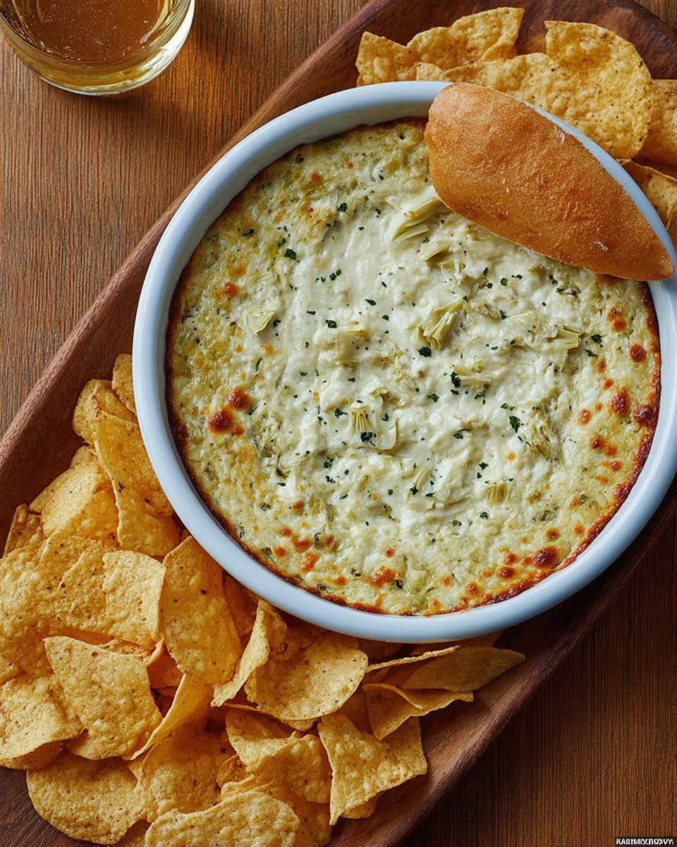 Delicious hot and creamy artichoke dip served in a bowl with crispy chips