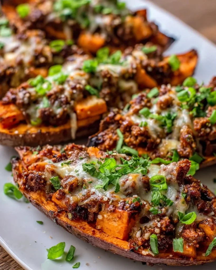 Hot honey ground beef sweet potato boats served on a plate.