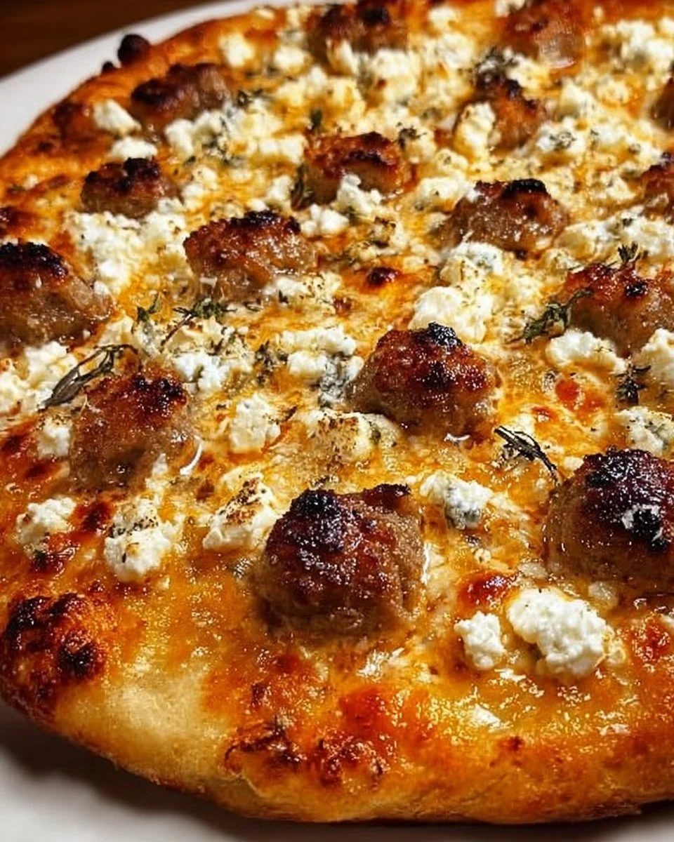Hot sausage feta honey pizza with juicy toppings and honey drizzle