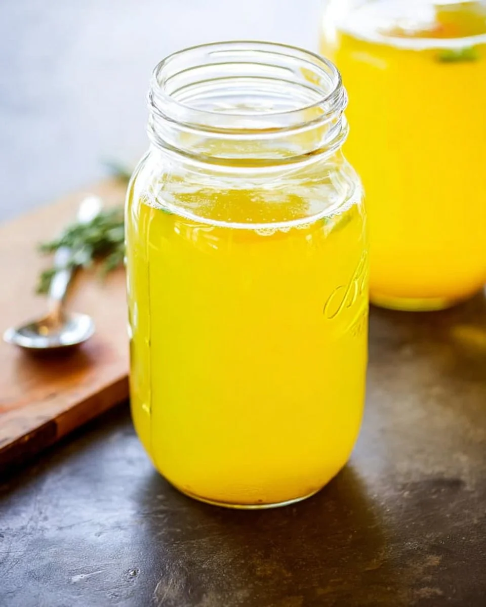 Homemade chicken stock simmering in a pot with fresh ingredients