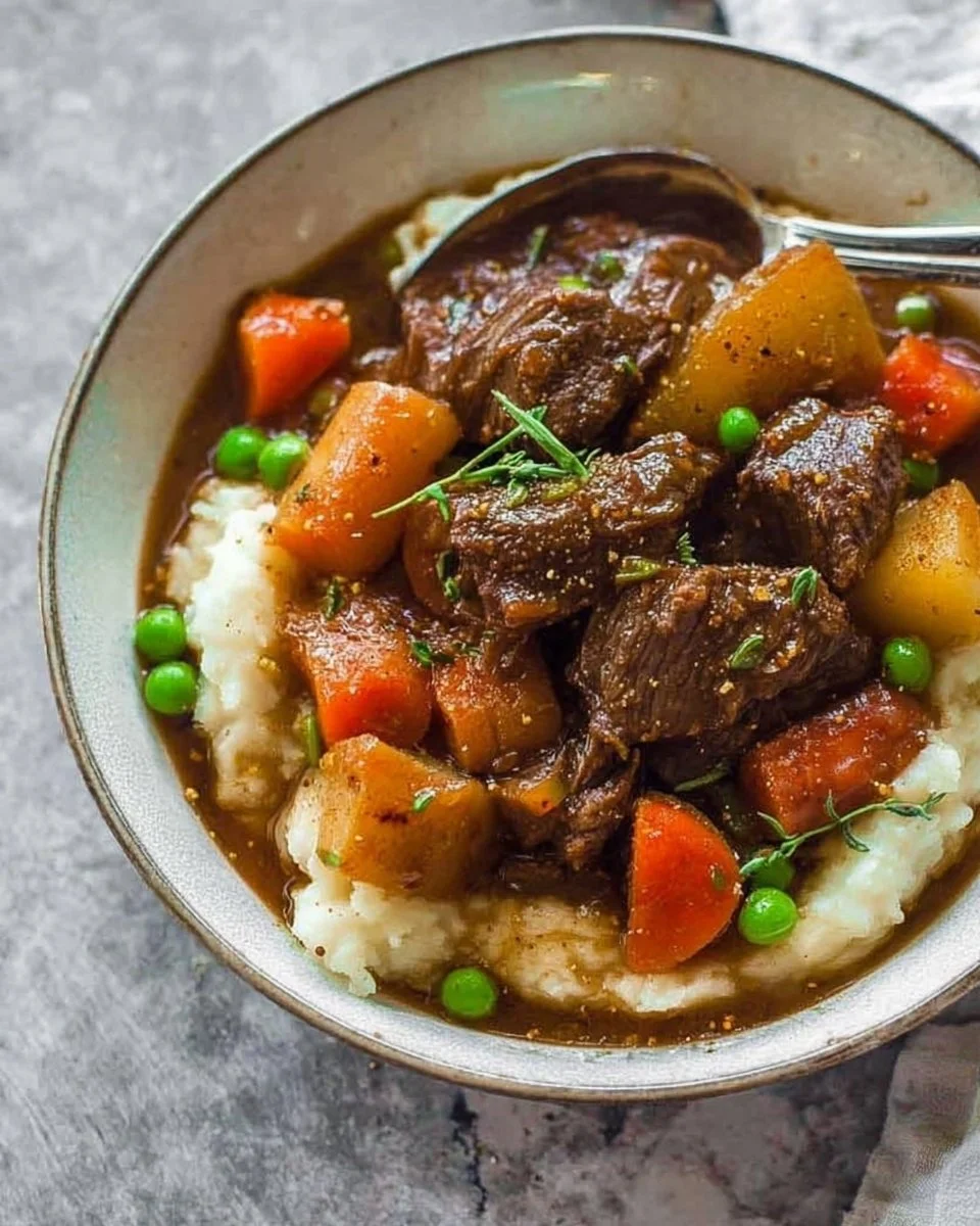 Instant Pot beef stew in a bowl with vegetables and herbs
