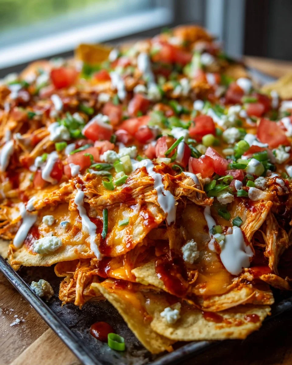 Delicious Buffalo Chicken Nachos topped with cheese and green onions