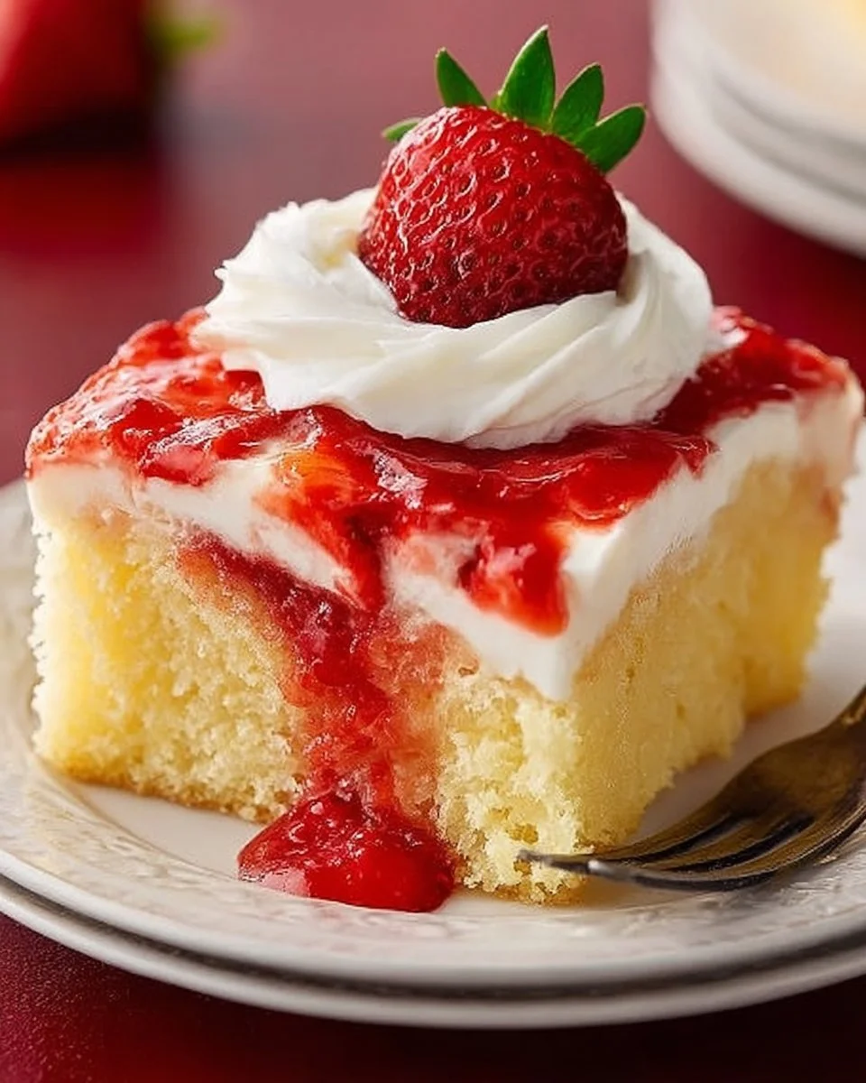 Delicious strawberry cheesecake poke cake topped with fresh strawberries and cream