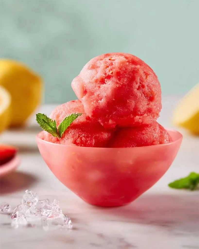Delicious homemade strawberry sorbet in a dessert bowl with fresh strawberries