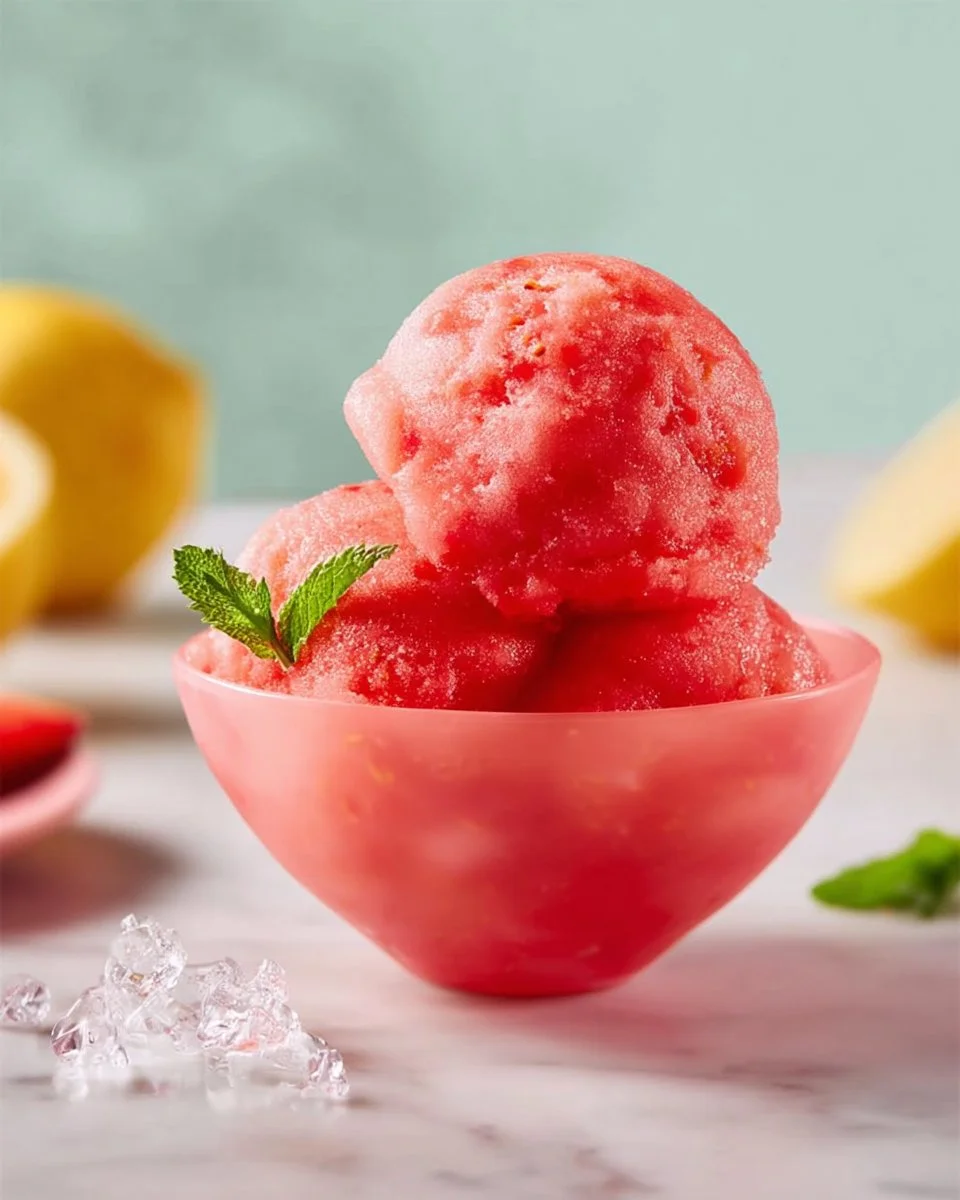 Delicious homemade strawberry sorbet in a dessert bowl with fresh strawberries