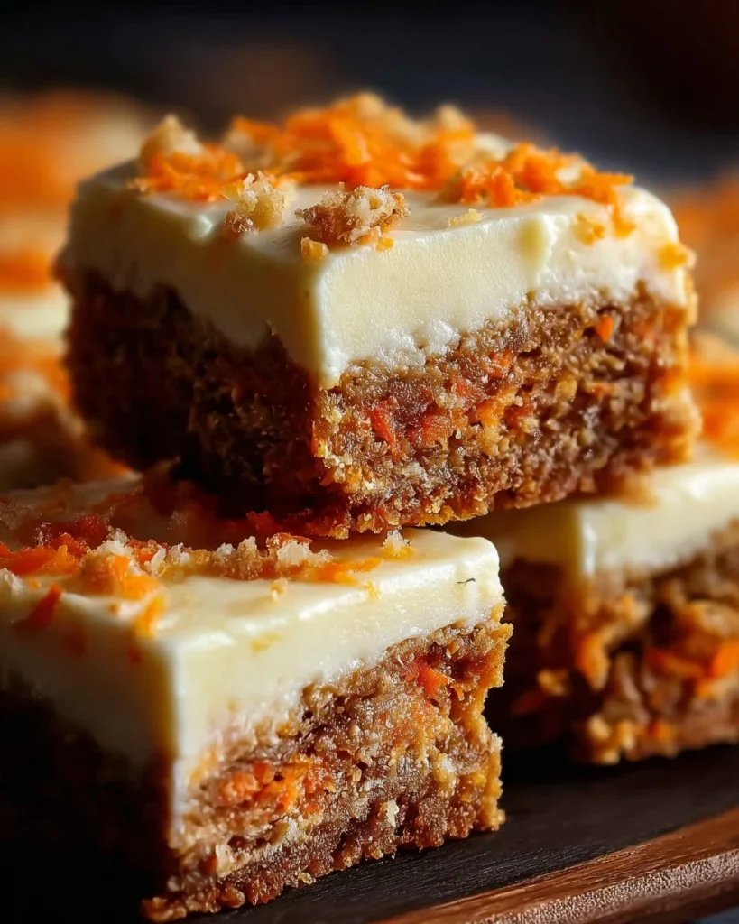 Irresistible carrot cake cream cheese bars topped with smooth frosting.