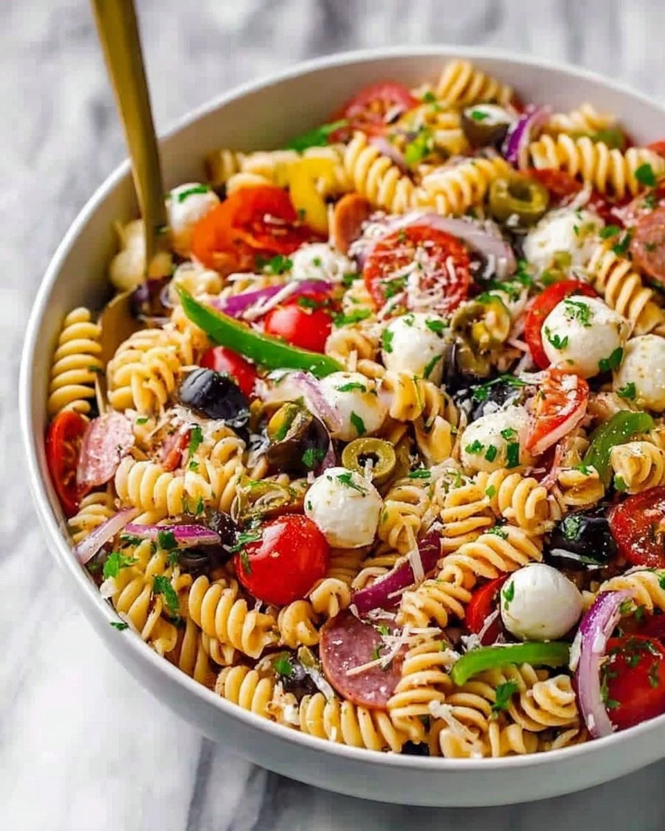 A vibrant bowl of Italian Pasta Salad with vegetables, olives, and dressing