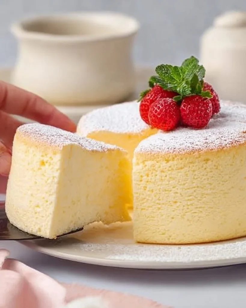 Fluffy Japanese Cotton Cheesecake served with fresh berries.