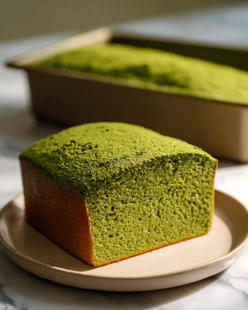Japanese matcha pound cake topped with green tea powder and served on a plate