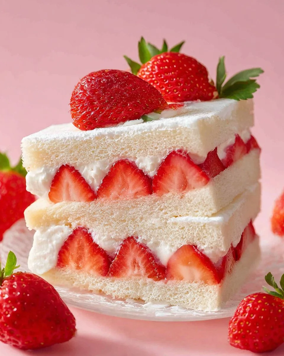 Japanese strawberry sandwich featuring fresh strawberries and cream in soft bread.